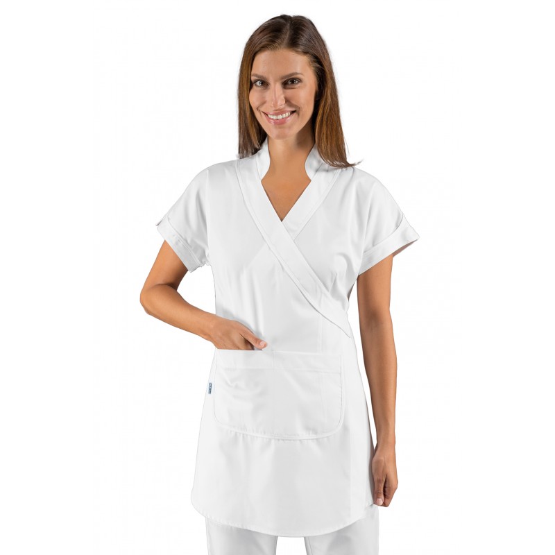 Kimono Tahiti Bianco Per Estetiste E Parrucchieri: Modello Con Scollo Coreano A V, Maniche Corte, Taschino, Taglie M E XL