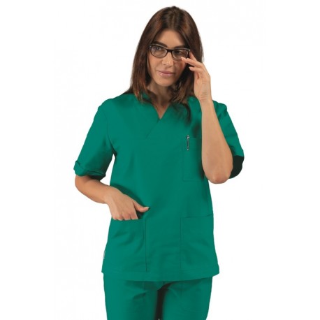 Tunic V-Neck Green surgery short sleeveUNISEX 100 % COTTON ISACCO 045904M